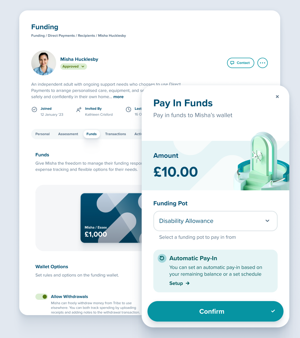 Funding dashboard showing budget management tools and recipient profiles