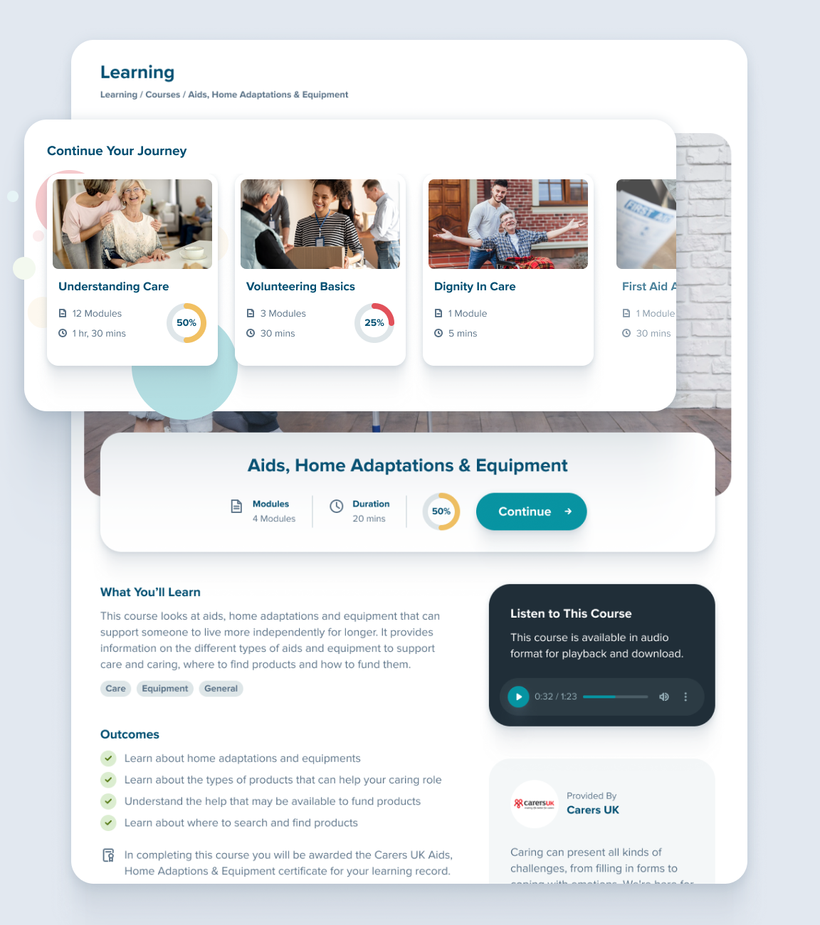 Learning dashboard showing available courses and progress tracking