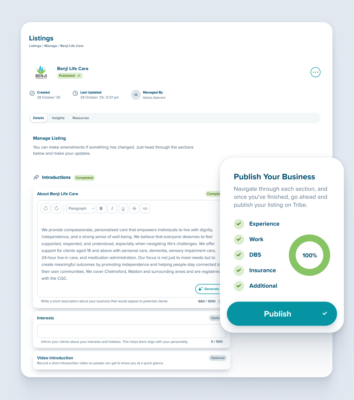 Listings dashboard showing multiple service listings with options to edit and manage each listing
