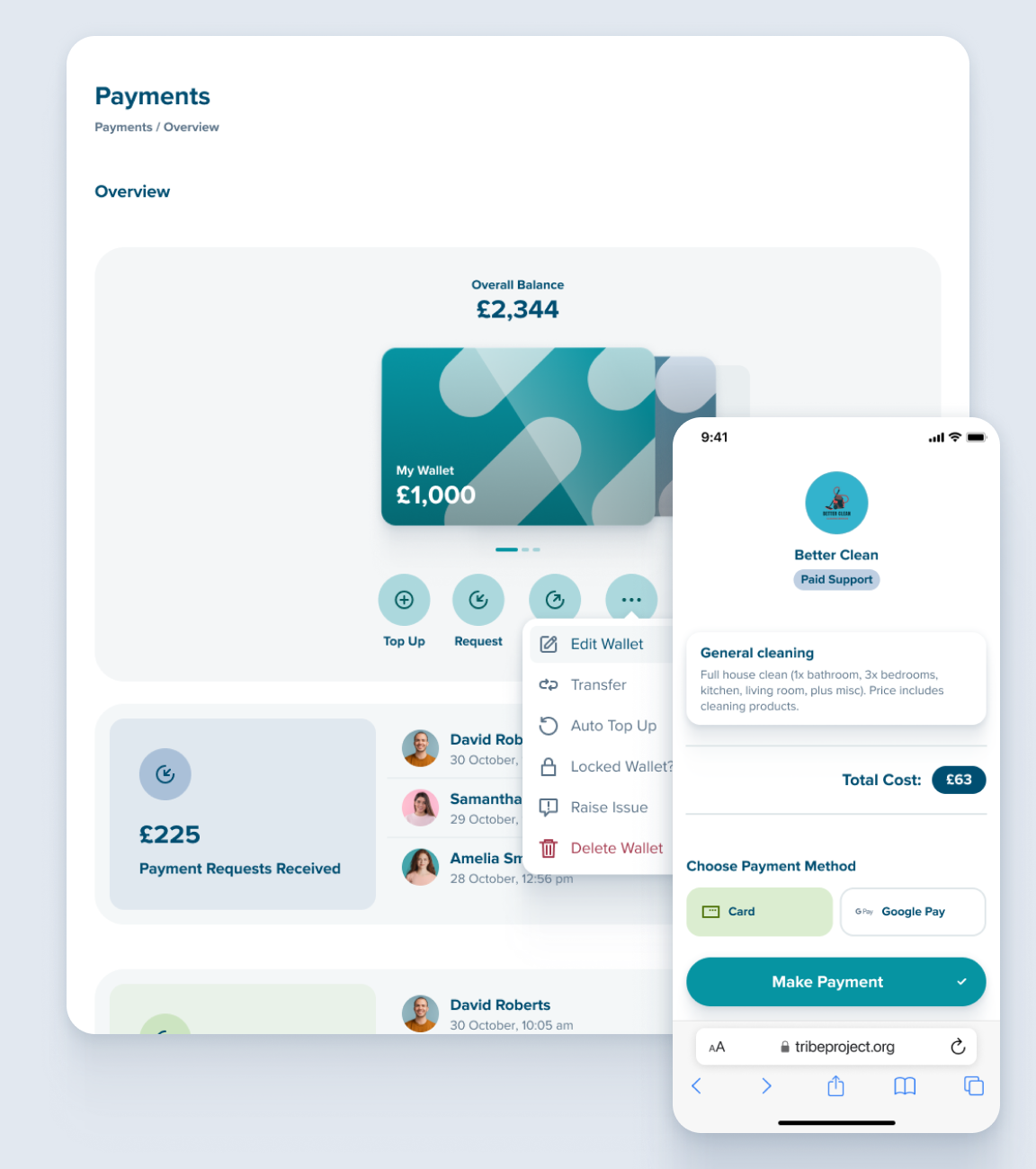 Payments dashboard showing financial transactions and payment management options