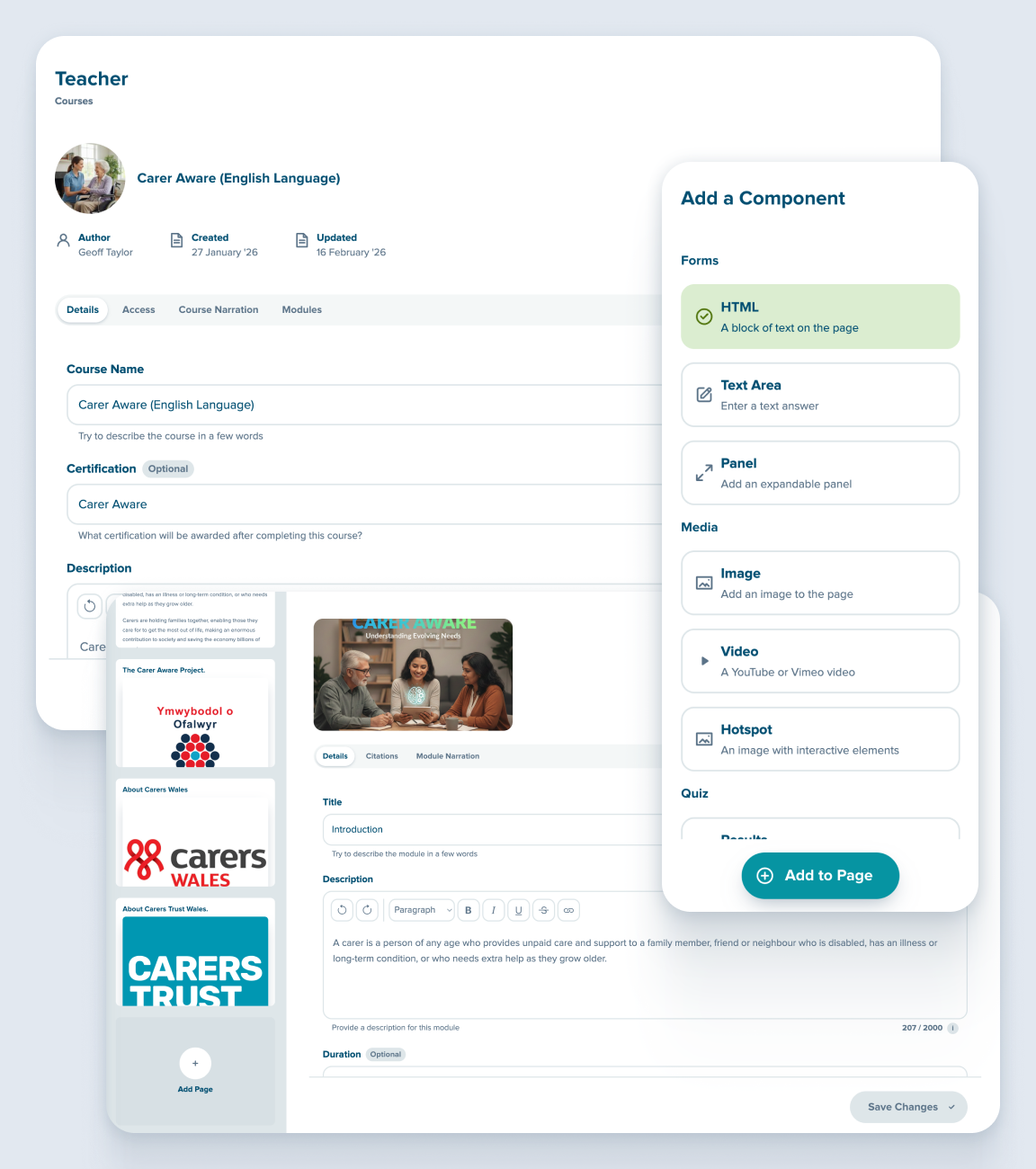Teacher dashboard showing course creation tools and content management